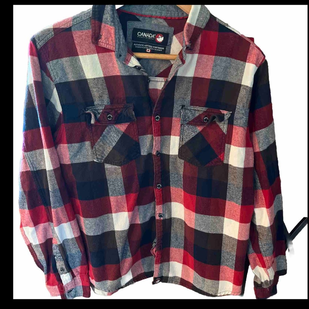 Canada Weather Gear FLANNEL SHIRT L Red Blue Buffalo Wide Plaid CHECKERED Button